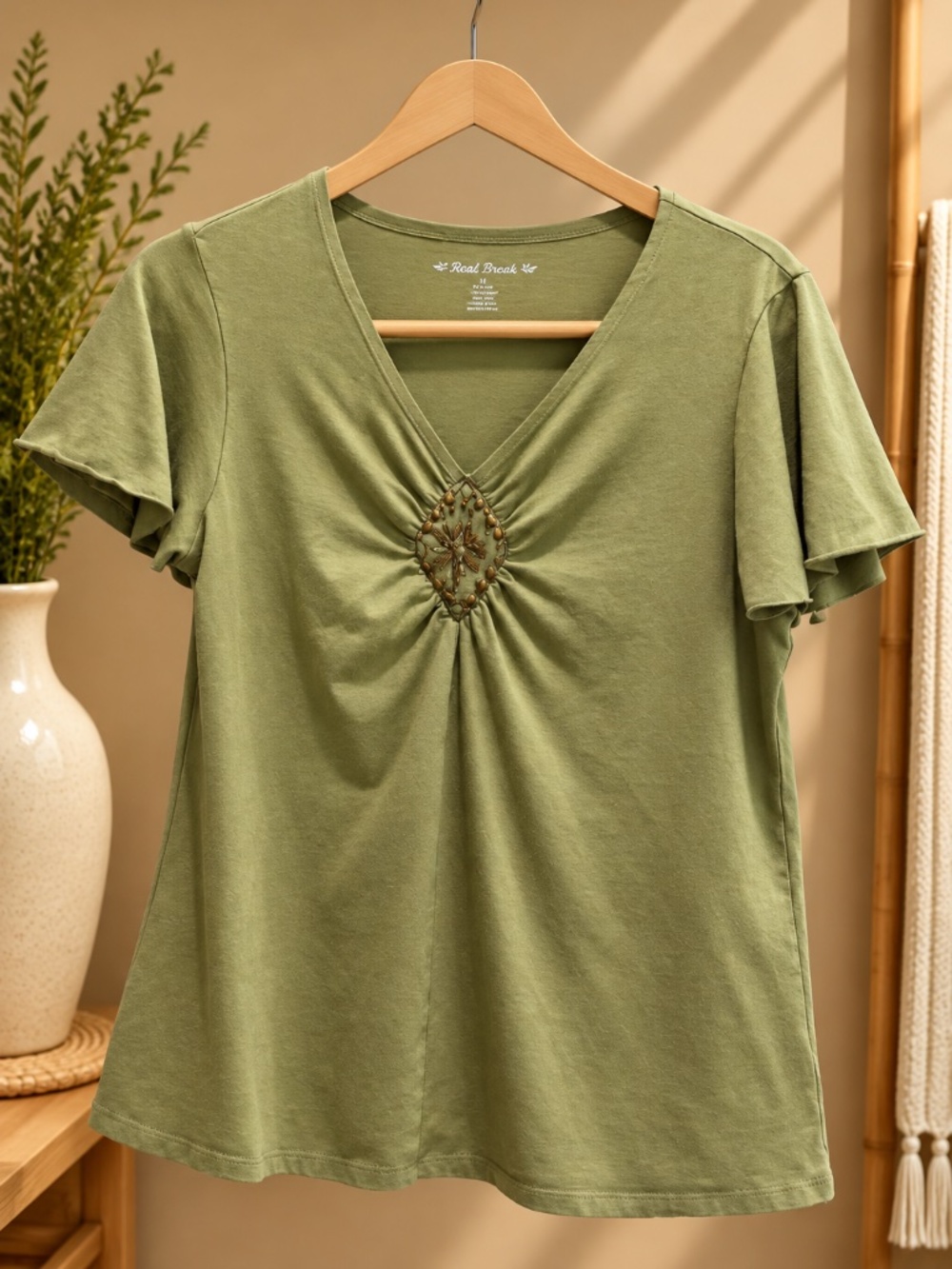 David Brooks Olive Green Beaded V-Neck Flutter Sleeve Top Size M